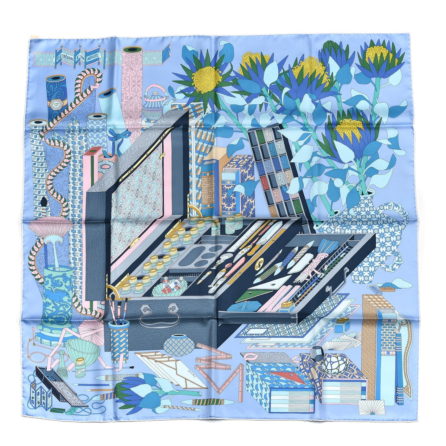 Silk Les Tresors D Un Artiste Scarf 90 Ciel Turquoise Rose