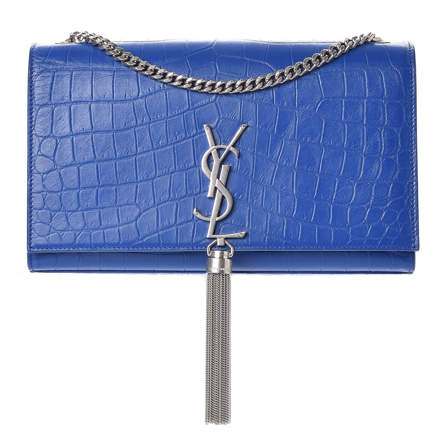 Saint Laurent Calfskin Crocodile Embossed Medium Classic Monogram Kate Tassel Satchel Bleu Majorelle 1 of 6