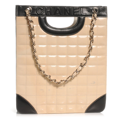 Chanel Patent Chocolate Bar Quilted Tote Beige Black 1 of 9
