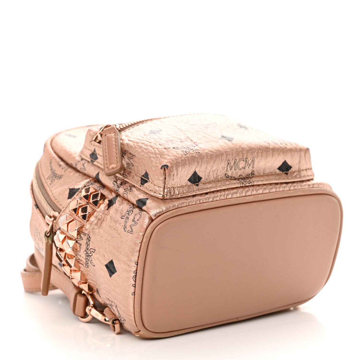 bebe mini backpack studded MCM Stark Boo Visetos Logo Leather Bag Pink including exterior pockets to stow sunglasses or small essentials MCM Pink Leather X Mini