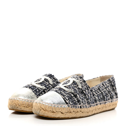 Chanel Metallic Tweed Lambskin CC Espadrilles 37 Blue Black Silver 1 of 9