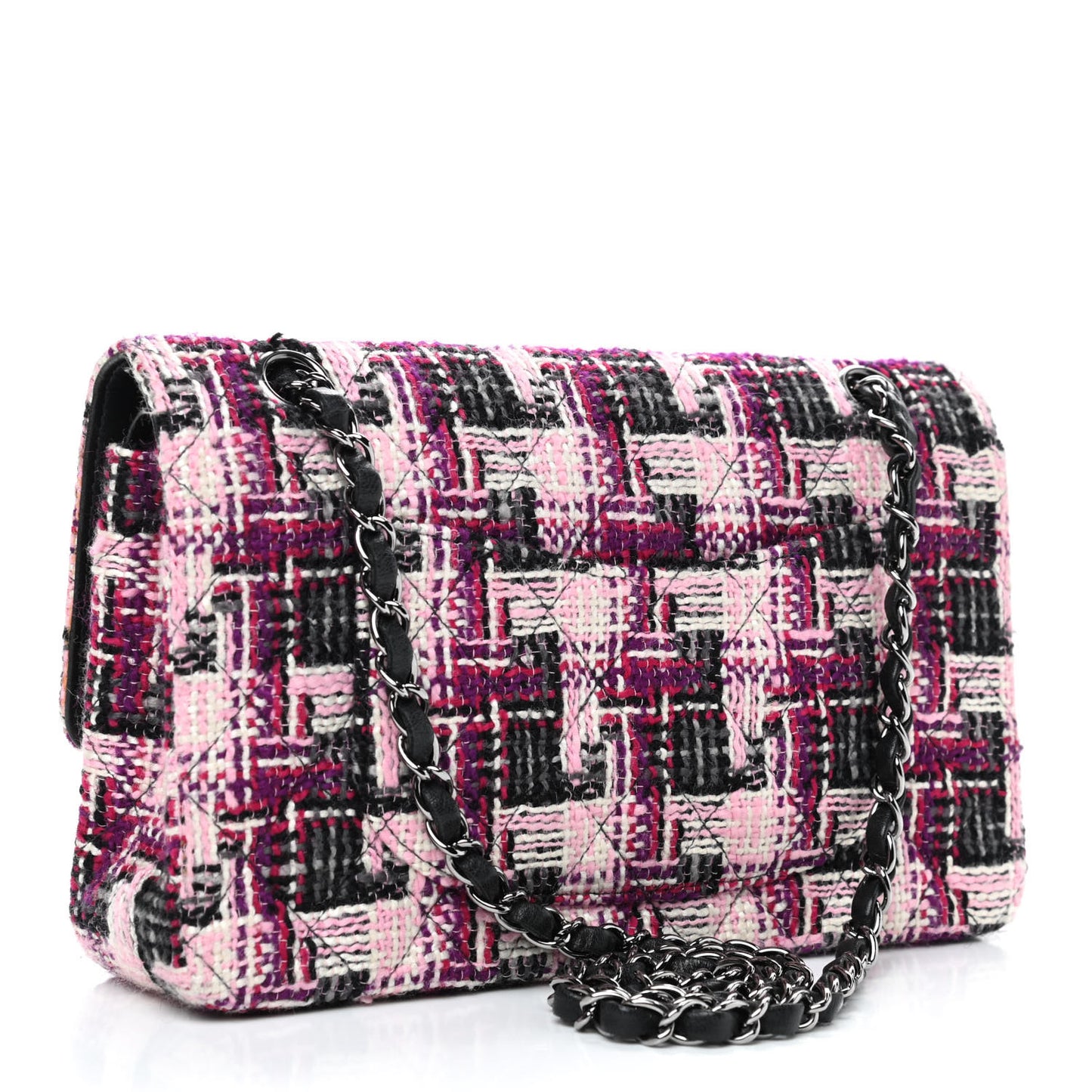 Tweed Quilted Medium Double Flap Pink Black