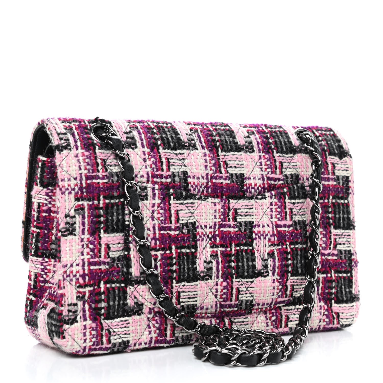 Chanel Tweed Quilted Medium Double Flap Pink Black 3 of 13