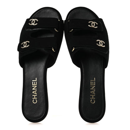 Chanel Suede Kidskin Velcro Crystal CC Mules 38.5 Black 39.5 Black 2 of 11