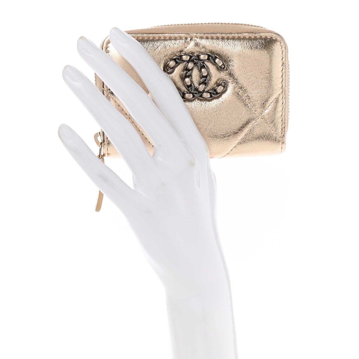 Chanel Metallic Lambskin Quilted Chanel 19 Zip Around Coin Purse Wallet Gold 2 of 8