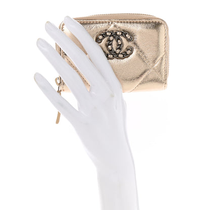 Chanel Metallic Lambskin Quilted Chanel 19 Zip Around Coin Purse Wallet Gold 2 of 8