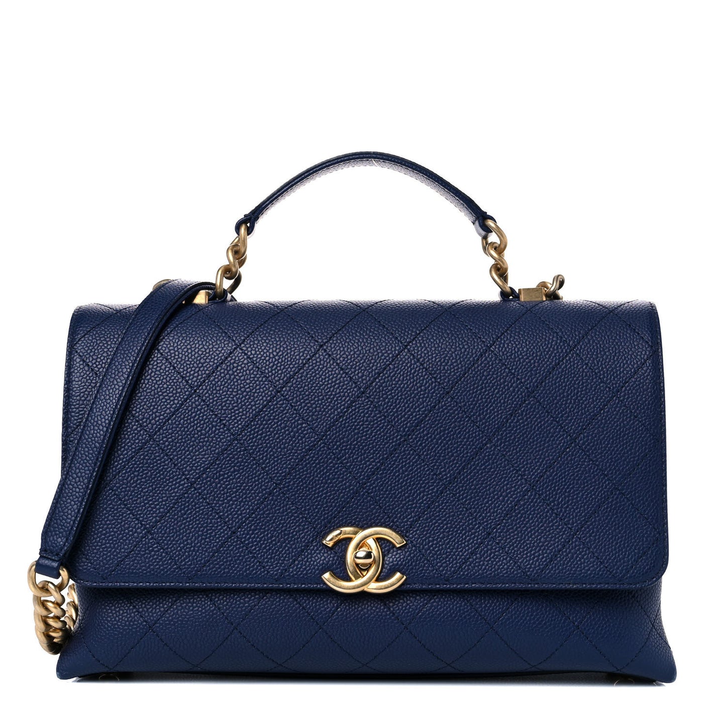 Grained Calfskin Stitched Flap Navy Blue