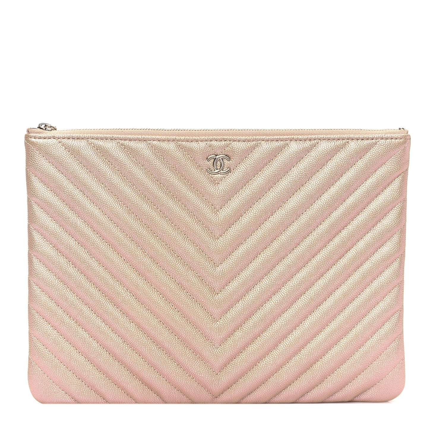 Iridescent Caviar Chevron Quilted Medium Cosmetic Case Light Gold