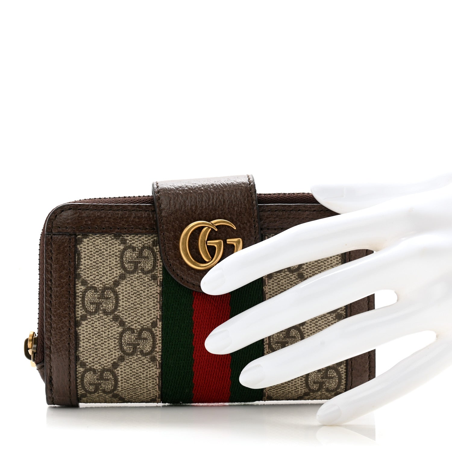 Gucci GG Supreme Monogram Textured Dollar Calfskin Web Ophidia Overlay Zip Around Card Case Wallet Beige Ebony New Acero 2 of 9
