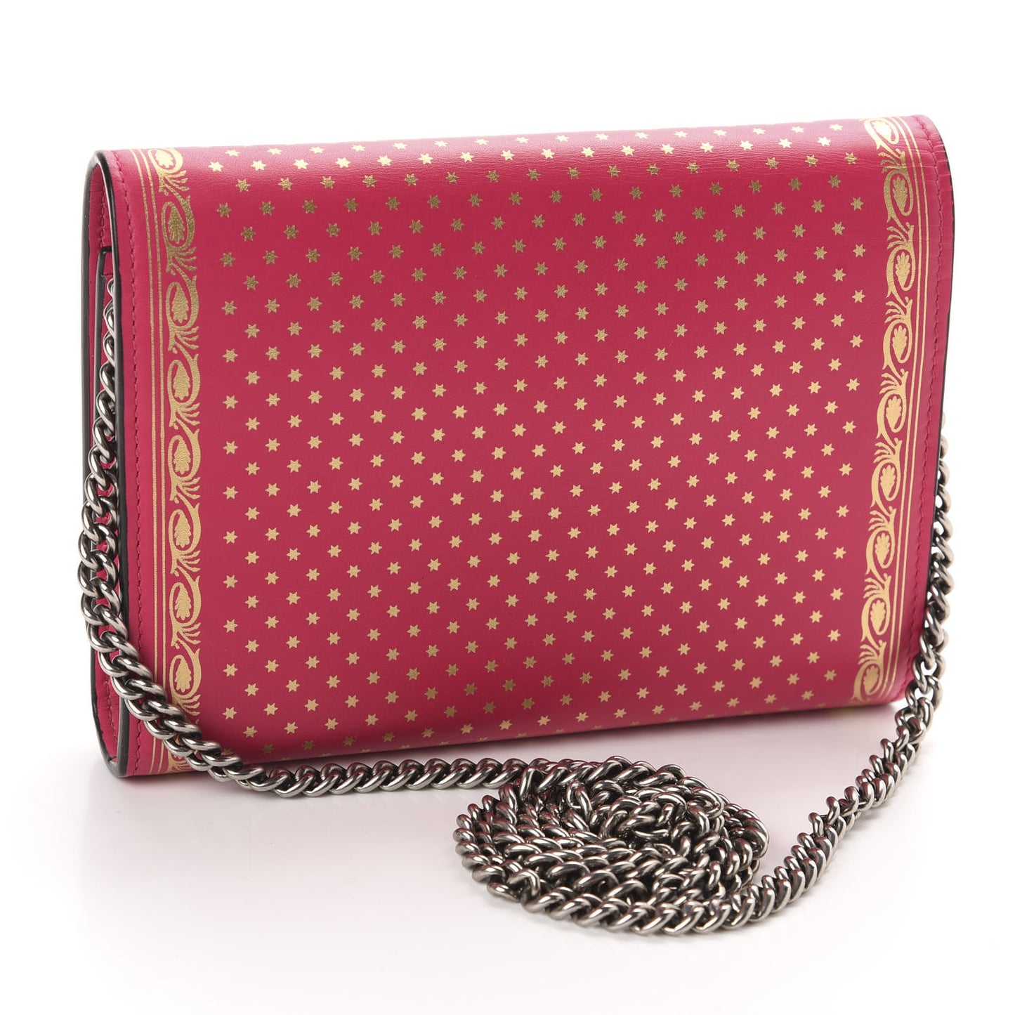 X SEGA Calfskin GUCCY Stars Chain Wallet Violet Fuxia Gold