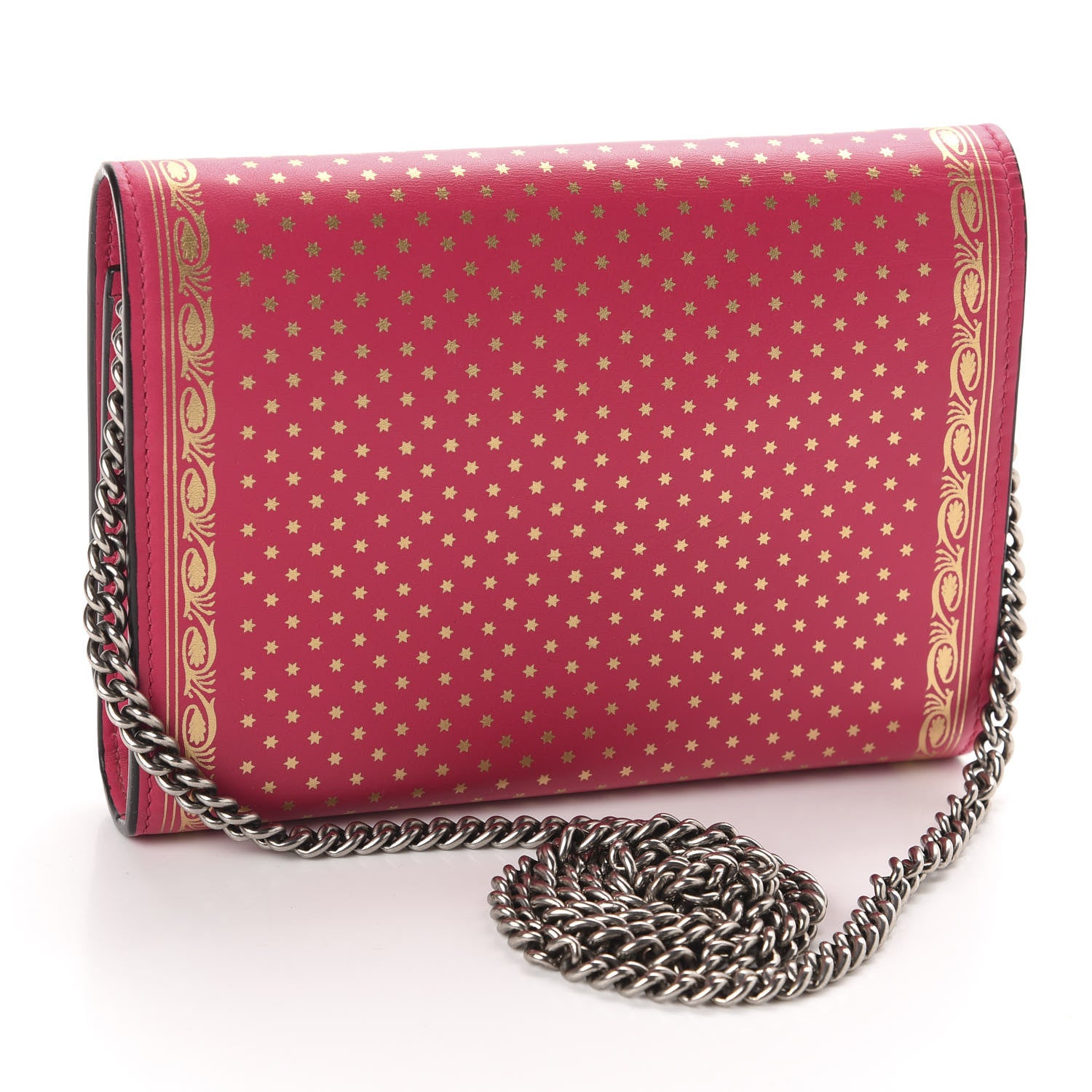 Gucci X SEGA Calfskin GUCCY Stars Chain Wallet Violet Fuxia Gold 3 of 10