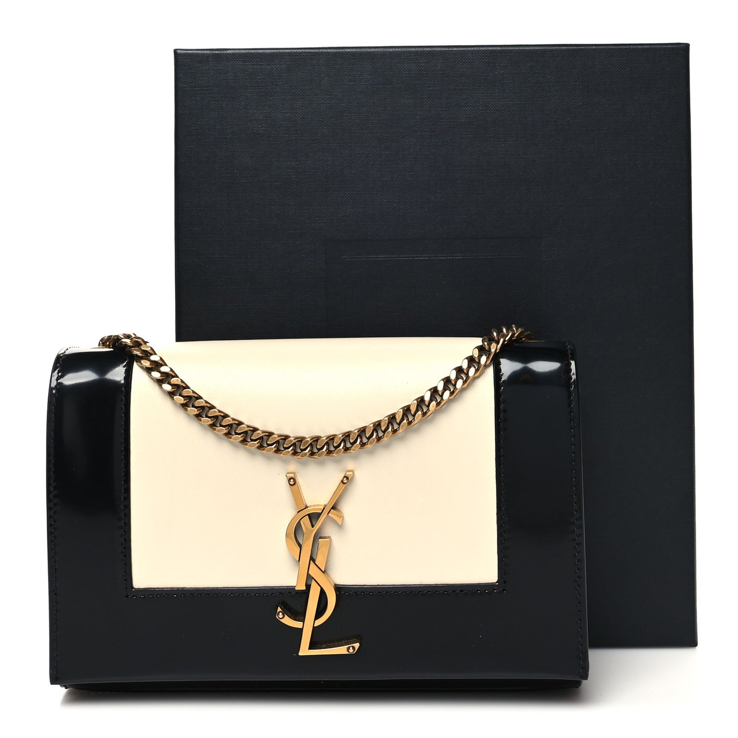 Nappa Patent Calfskin Two-Toned Small Monogram Kate Satchel Alabastro Black