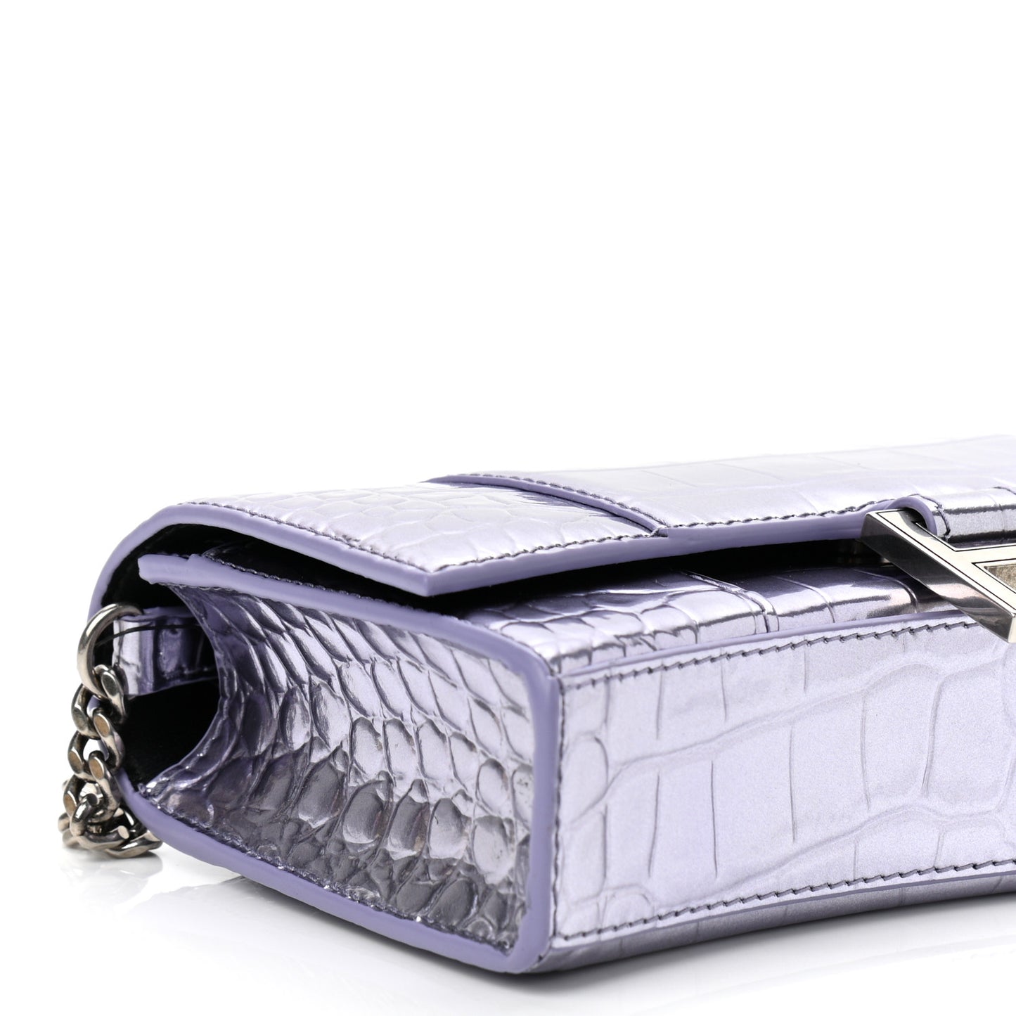 Shiny Metallic Calfskin Crocodile Embossed Hourglass Chain Bag Lilac