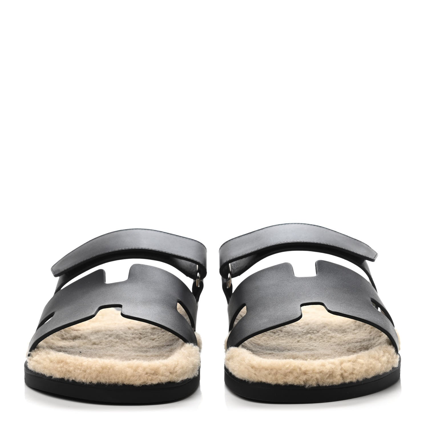 Hermes Calfskin Woolskin Mens Chypre Sandals 43 Black Ecru 2 of 4