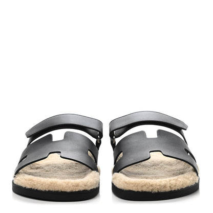 Hermes Calfskin Woolskin Mens Chypre Sandals 43 Black Ecru 2 of 4