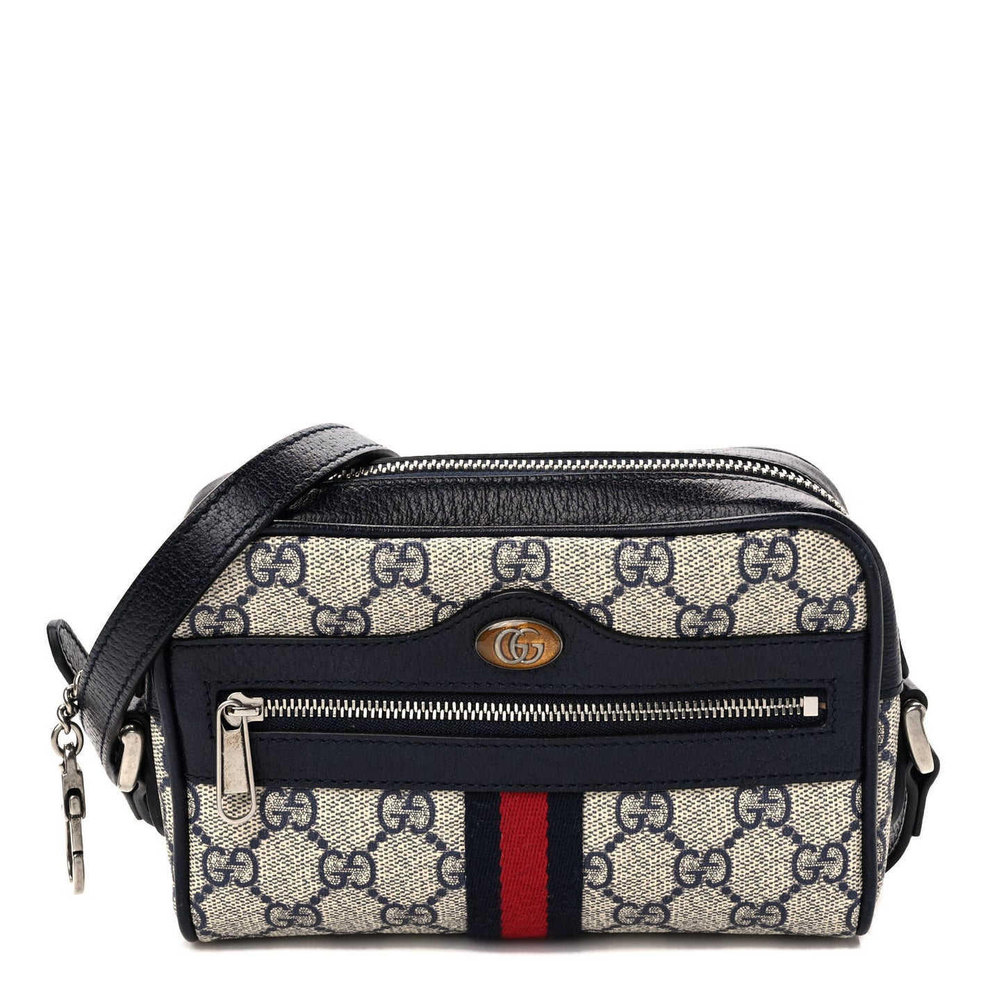 GG Supreme Monogram Textured Dollar Calfskin Web Mini Ophidia Shoulder Bag Beige Blue