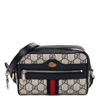 Gucci GG Supreme Monogram Textured Dollar Calfskin Web Mini Ophidia Shoulder Bag Beige Blue 1 of 8