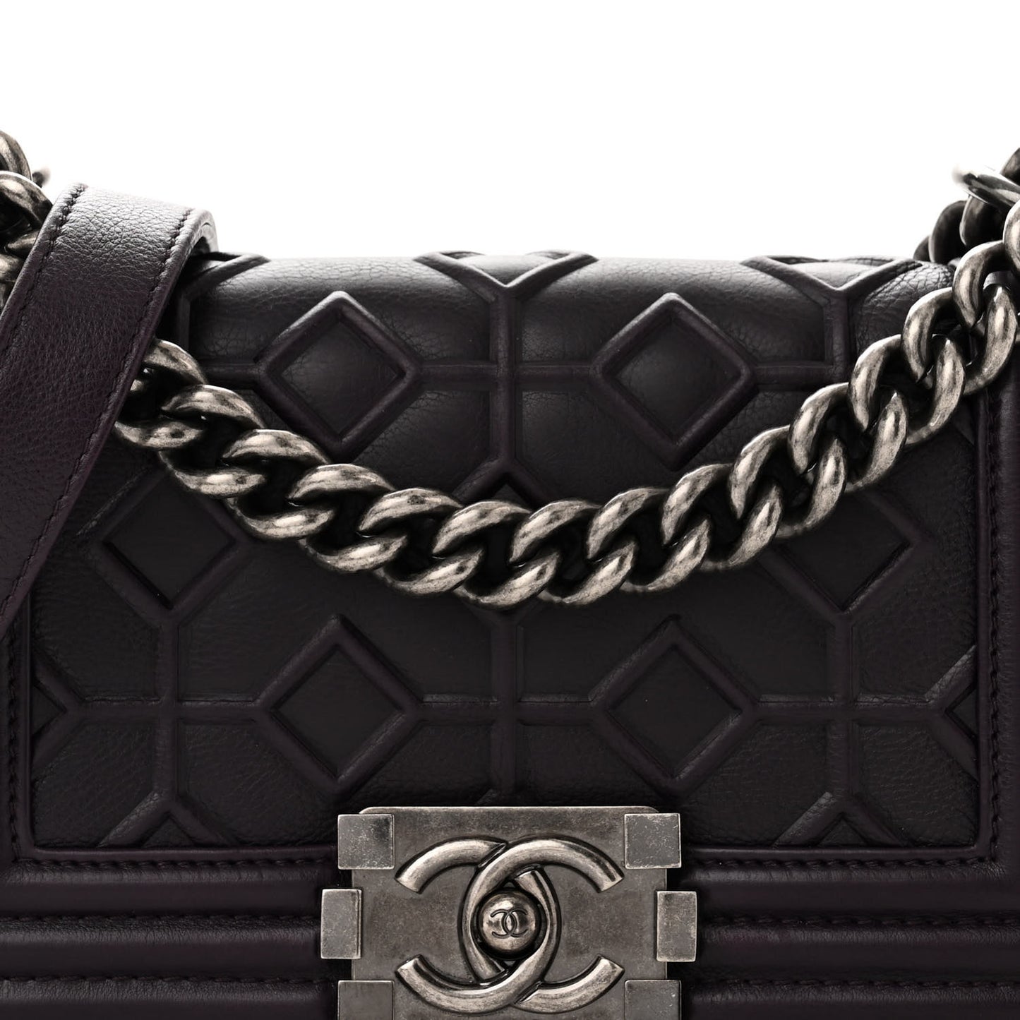 Calfskin Crystal Embossed Small Boy Flap Plum