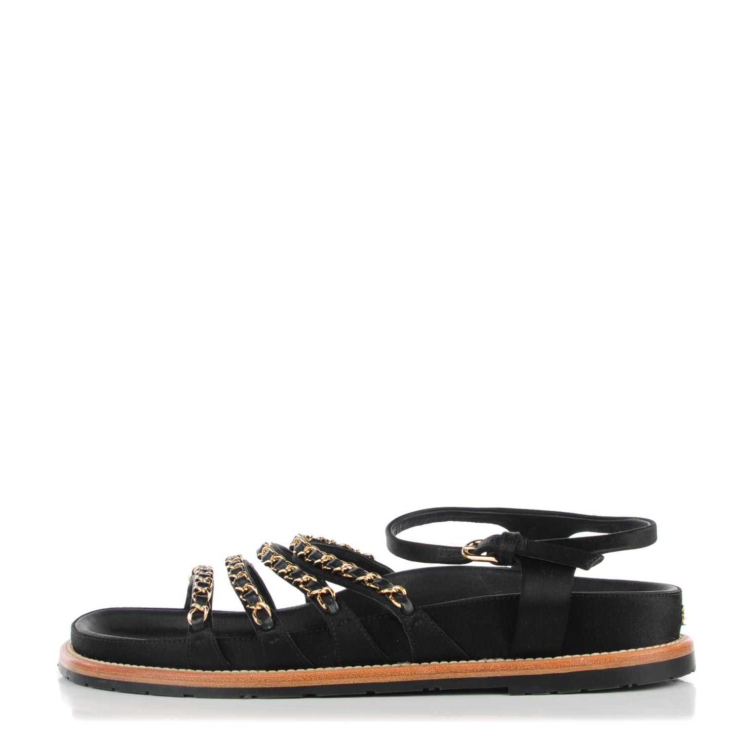Satin Lambskin Chain Flat Sandals 39 Black