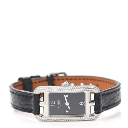 Hermes Stainless Steel Alligator Diamond 17mm Nantucket Serti Joaillier Quartz Watch Noir 2 of 5