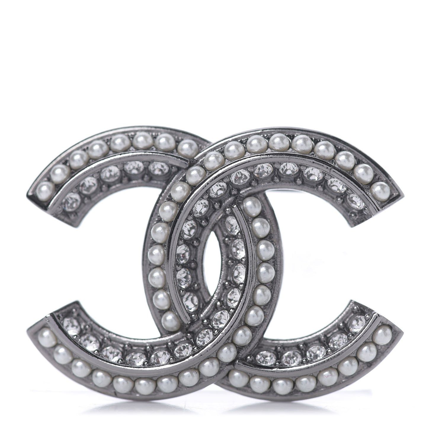 Crystal Pearl Chain Mania CC Brooch Silver