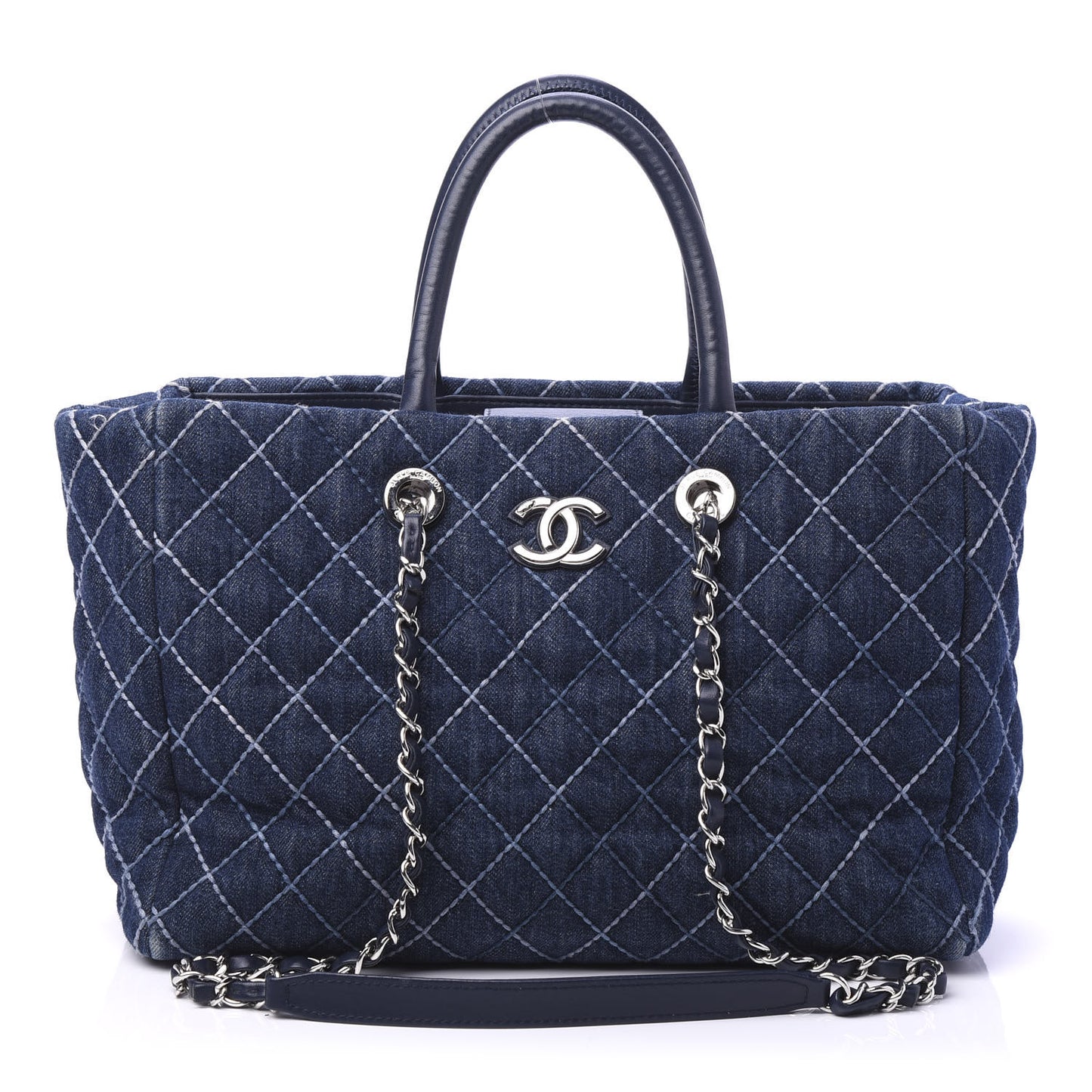 Denim Quilted Medium Coco Handle Shopping Tote Blue