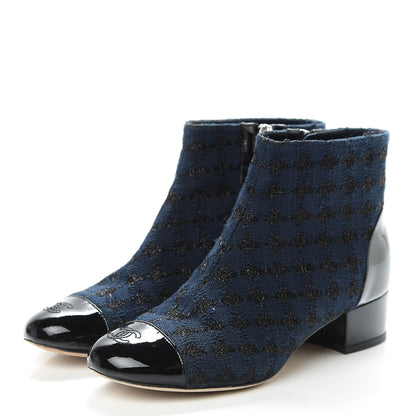 Chanel Tweed Cap Toe CC Short Boots 36.5 Navy Black 3 of 15
