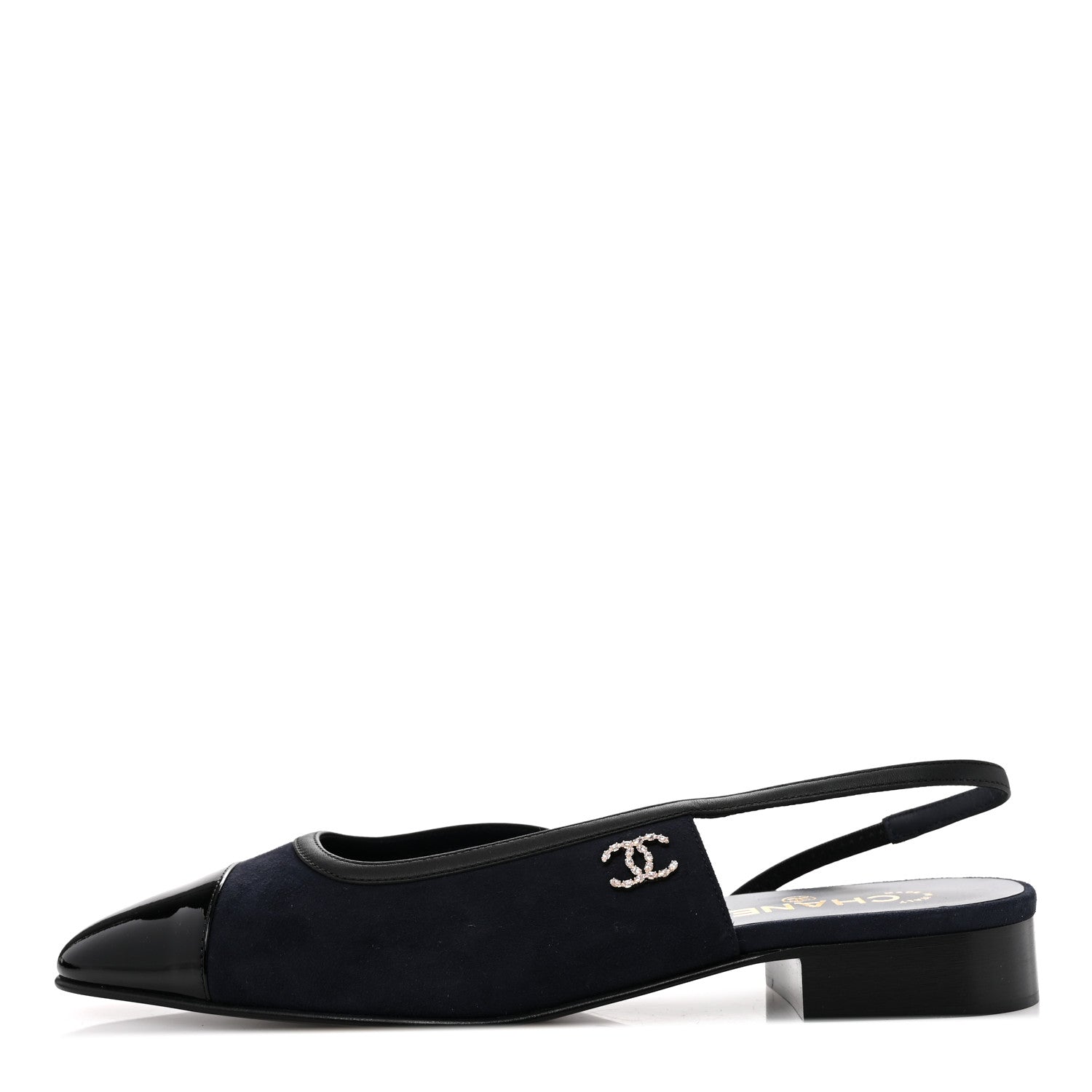 Chanel Suede Patent Crystal CC Cap Toe Slingback Flats 41 Navy Black 1 of 9