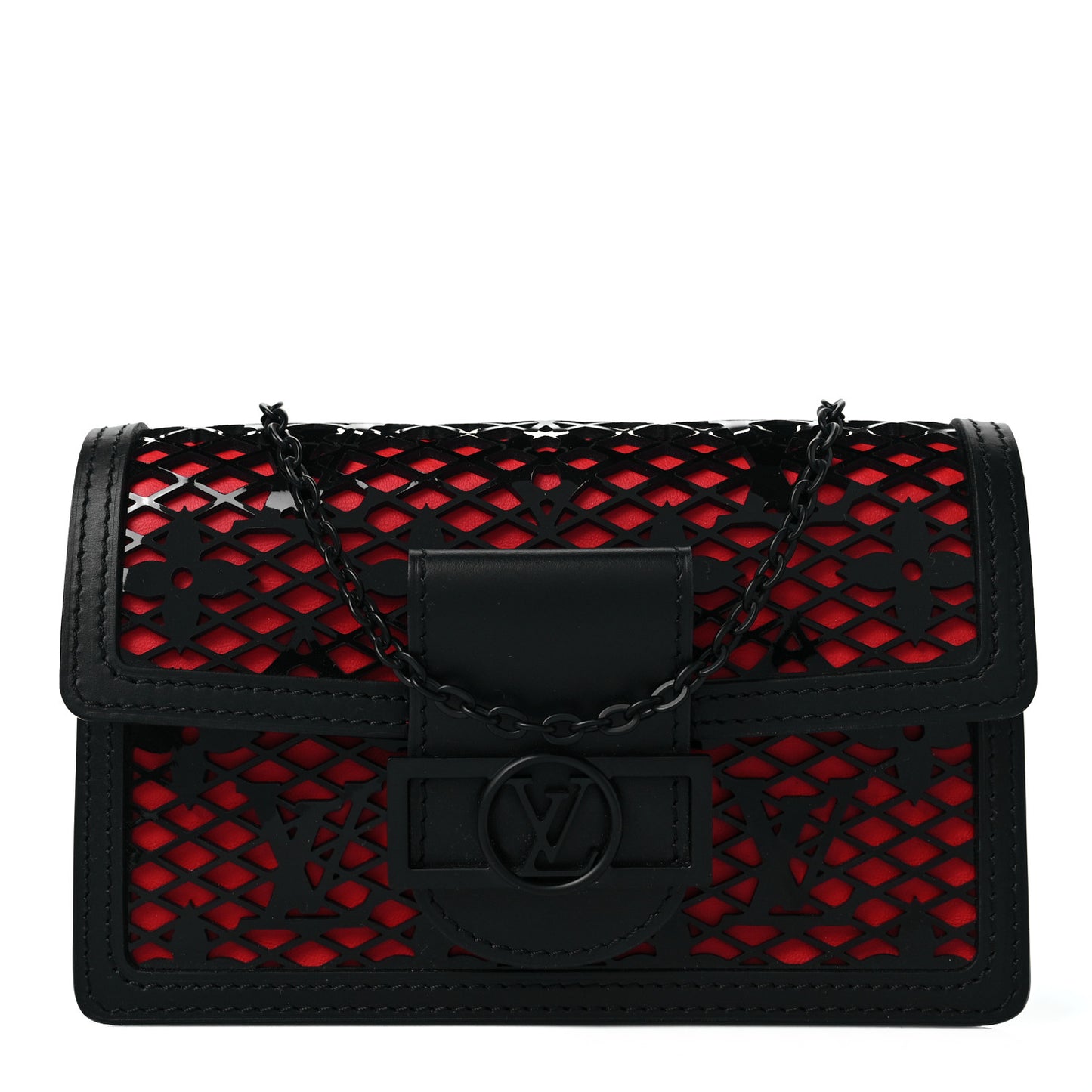 Patent Calfskin Laced Monogram Dauphine Chain Wallet Black