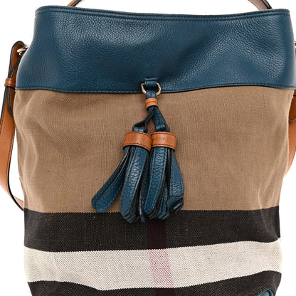 Burberry Grainy Calfskin Canvas Mega Check Medium Ashby Tassel Hobo Blue 7 of 9