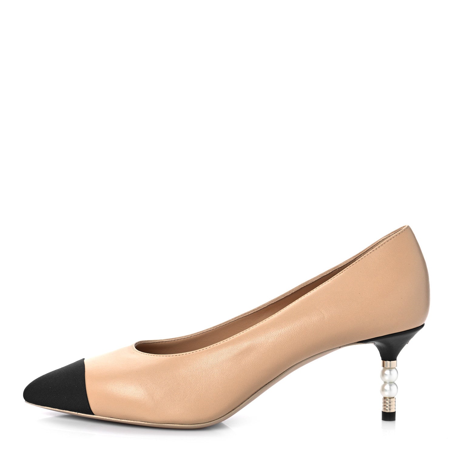 Chanel Lambskin Grosgrain Cap Toe CC Pearl Pumps 39.5 Beige Black 1 of 8