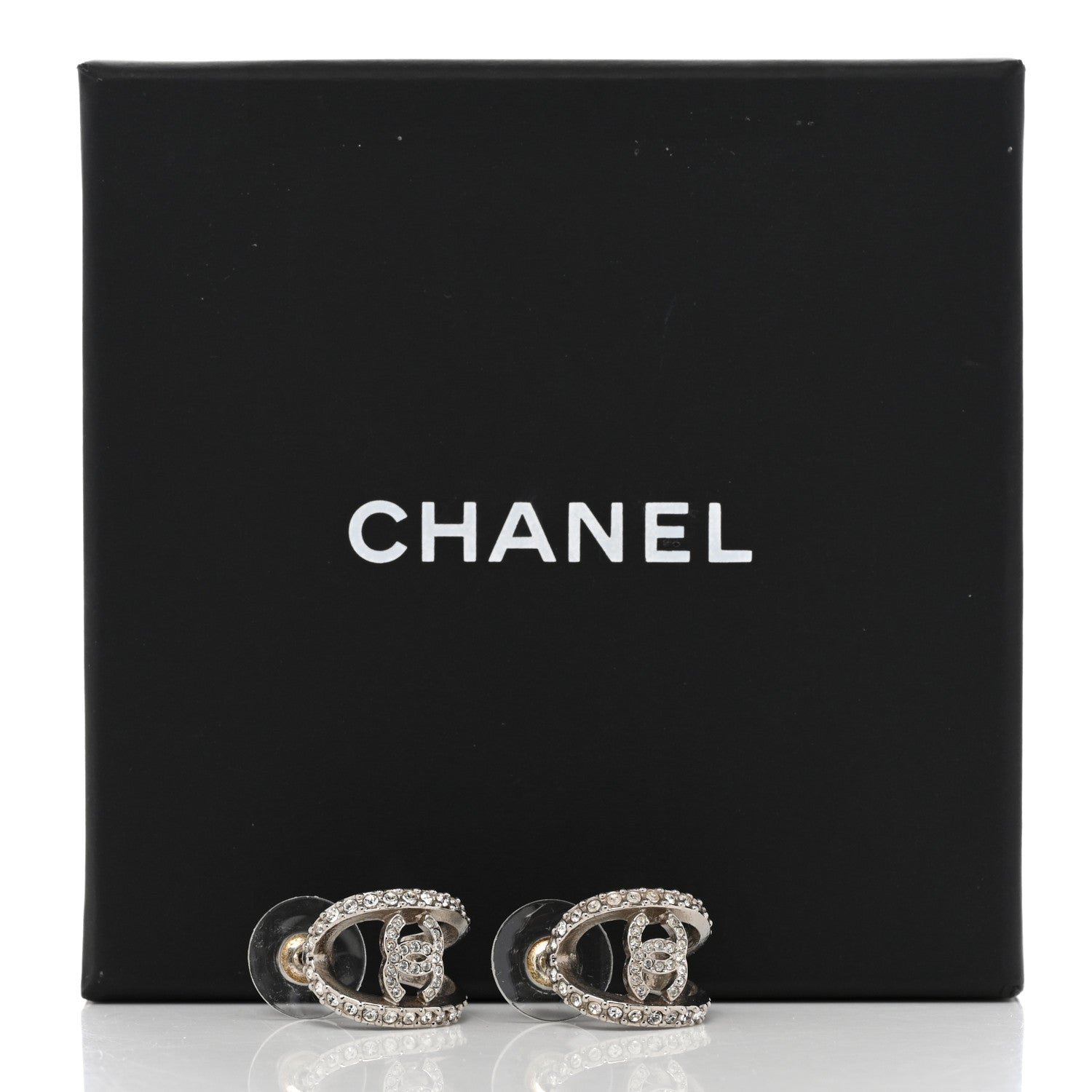 Chanel Crystal Strass CC Double Hoop Earrings Silver 5 of 5