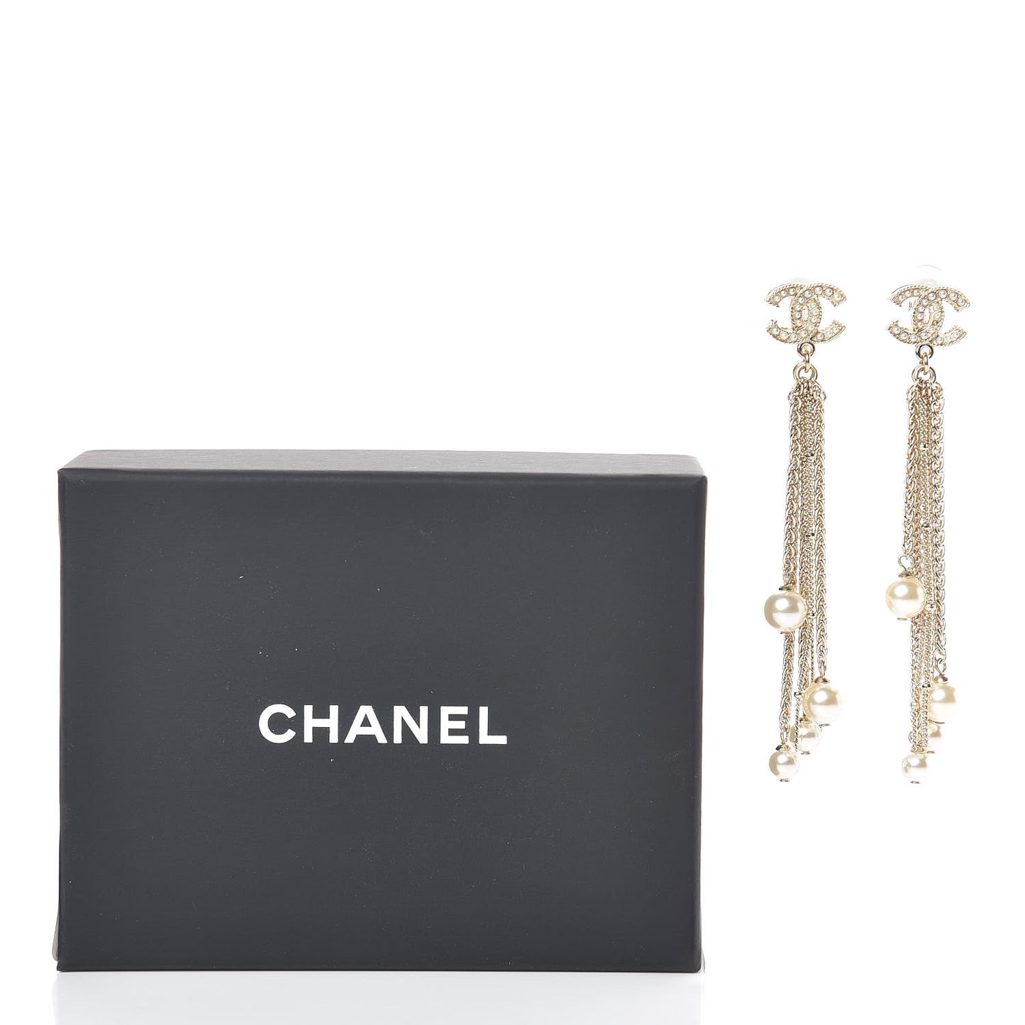Pearl Chain CC Dangle Clip On Earrings Gold