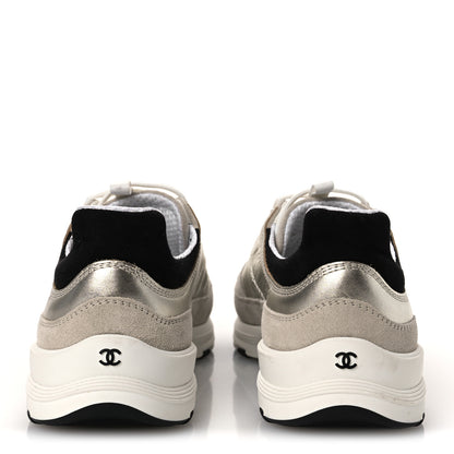 Chanel Suede Metallic Calfskin Womens CC Sneakers 39.5 White Silver 6 of 11