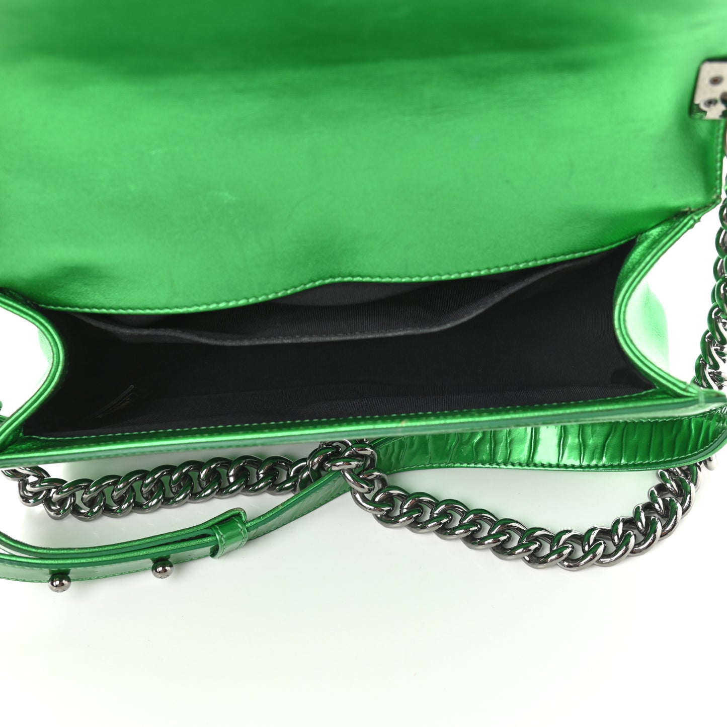 Metallic Patent Calfskin Quilted Medium Boy Flap Green