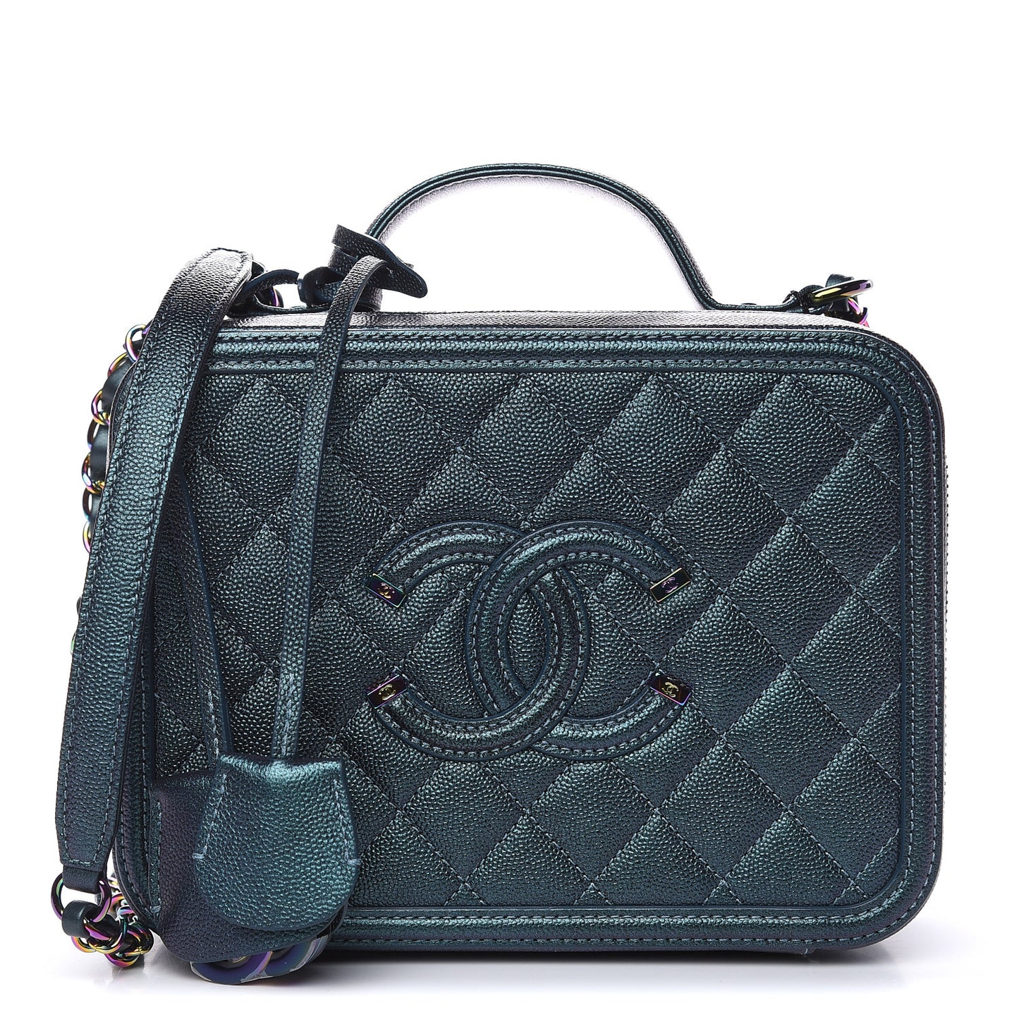 Iridescent Caviar Quilted Medium CC Filigree Vanity Case Dark Turquoise