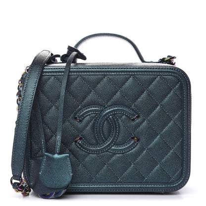 Chanel Iridescent Caviar Quilted Medium CC Filigree Vanity Case Dark Turquoise 1 of 10