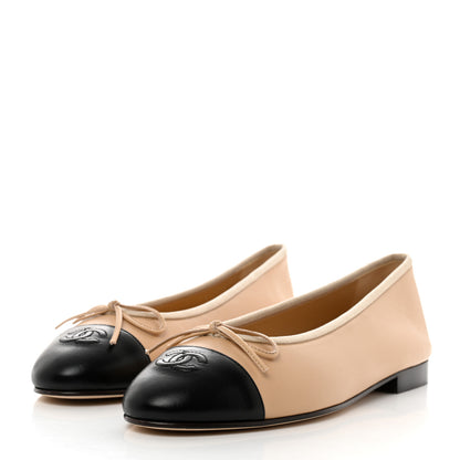 Chanel Lambskin Cap Toe CC Ballerina Flats 40 Beige Black 3 of 9