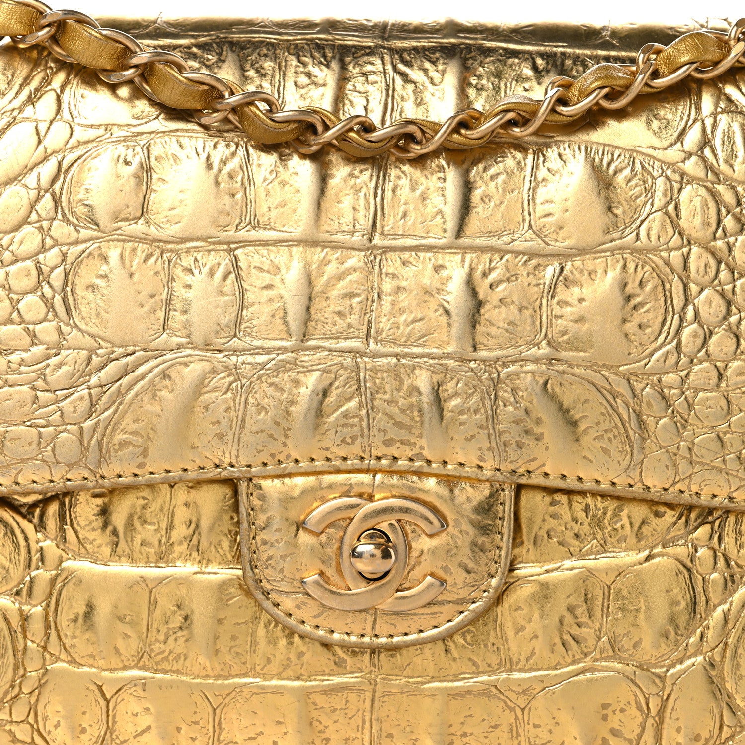 Chanel Metallic Calfskin Crocodile Embossed Cocodile Medium Double Flap Gold 8 of 12