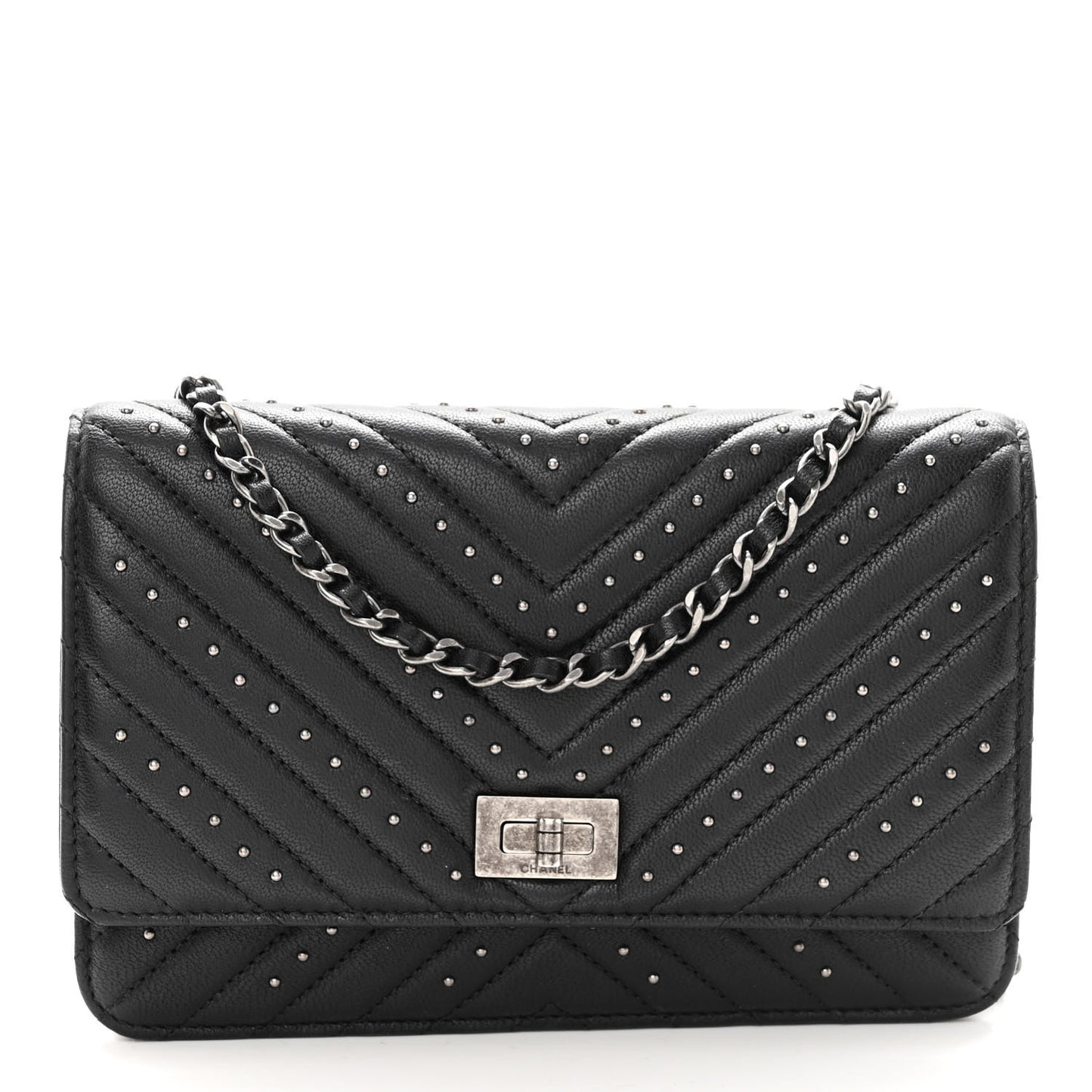 Sheepskin Chevron Quilted Studded Reissue Wallet On Chain WOC Black