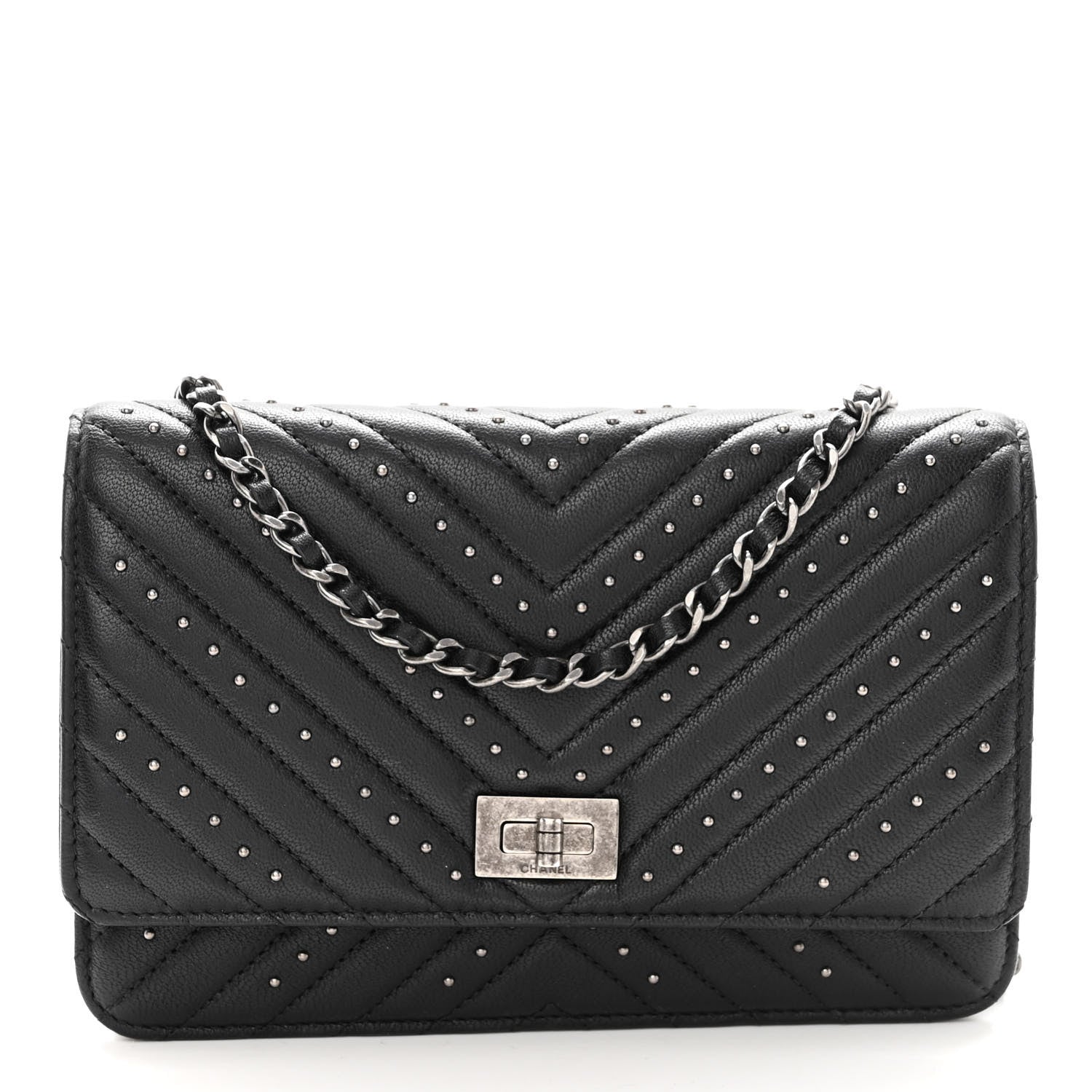 Chanel Sheepskin Chevron Quilted Studded Reissue Wallet On Chain WOC Black 1 of 12