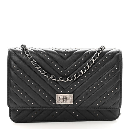 Chanel Sheepskin Chevron Quilted Studded Reissue Wallet On Chain WOC Black 1 of 12