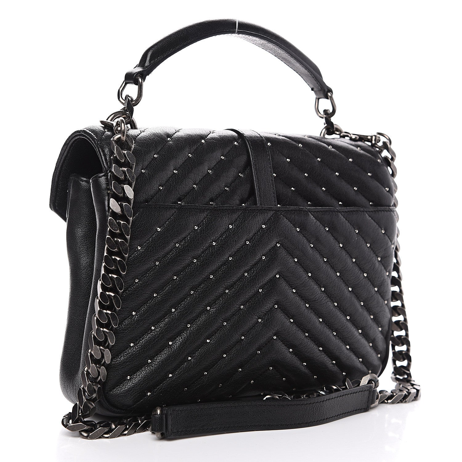 Saint Laurent Lambskin Matelasse Chevron Studded Monogram Medium College Bag Black 2 of 14