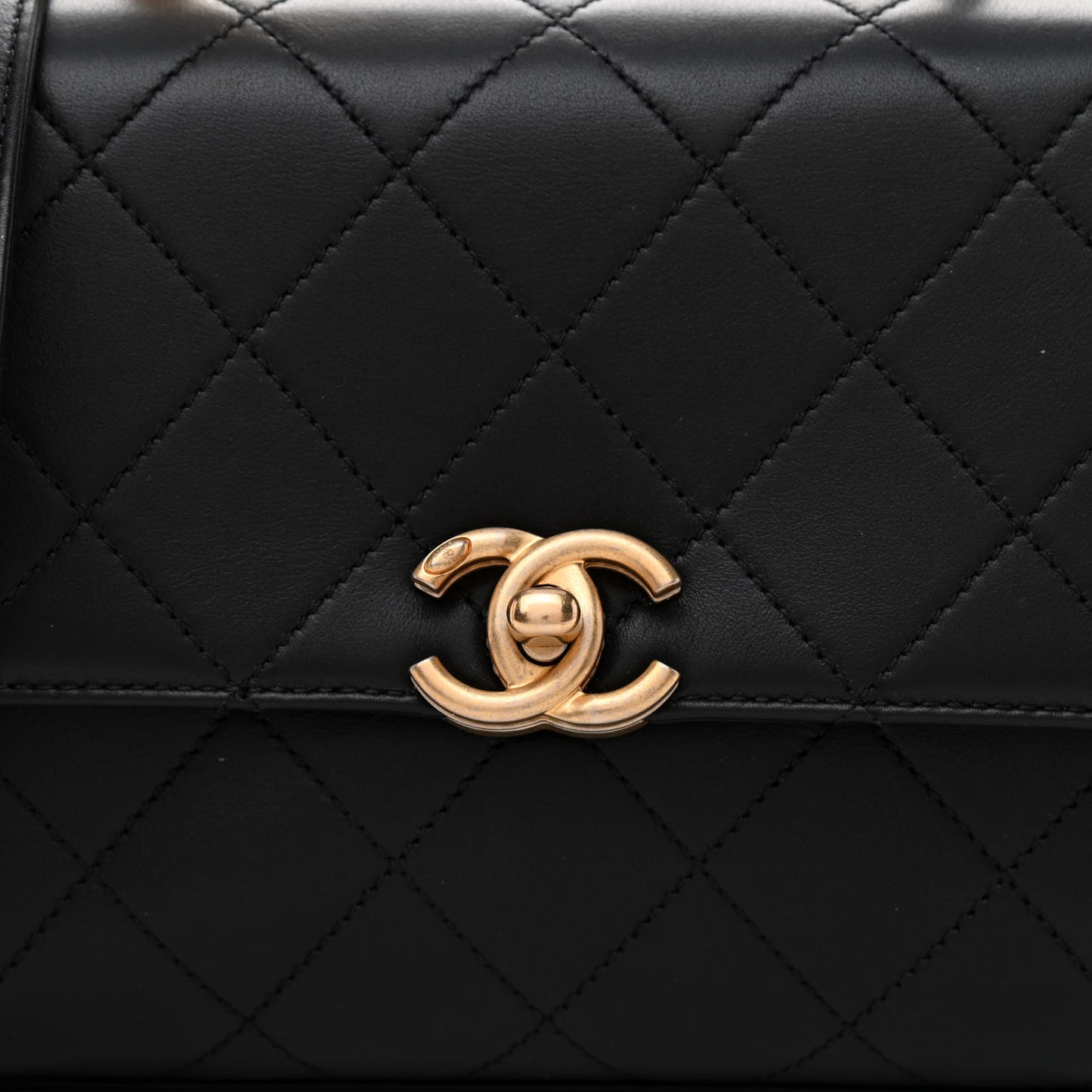 Lambskin Stitched Pearl Logo Top Handle Flap Black