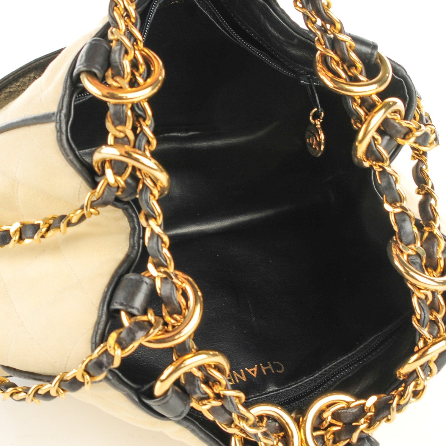 Chanel Canvas Calfskin Drawstring Shoulder Bag Beige Navy 8 of 8
