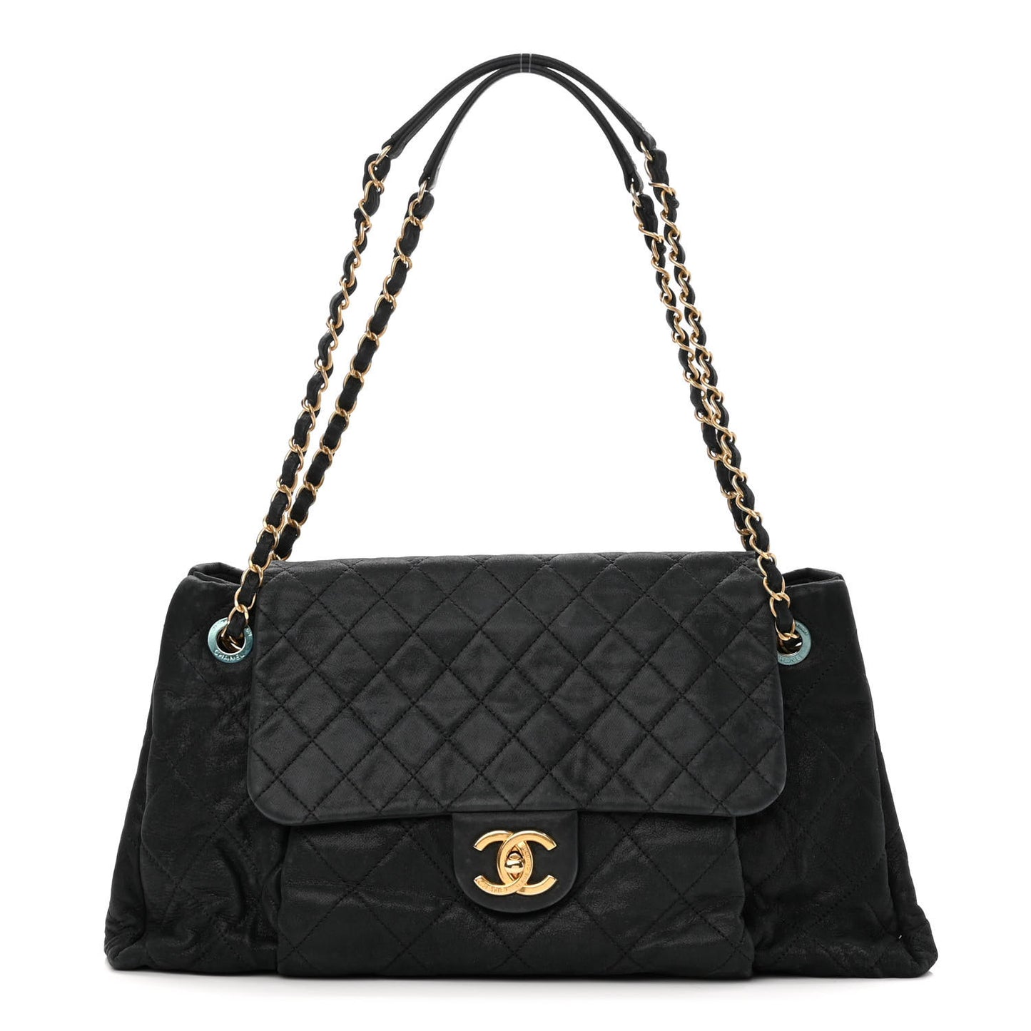 Iridescent Calfskin Large Chic Quilt Flap Black