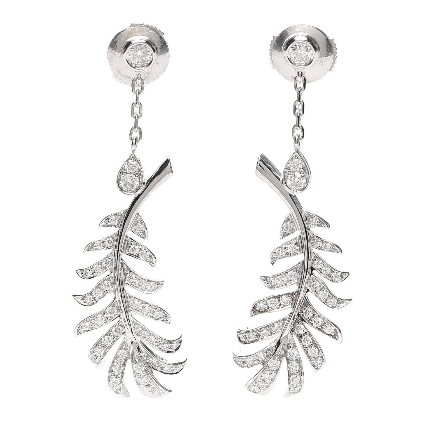 18K White Gold Diamond Plume De Chanel Drop Earrings