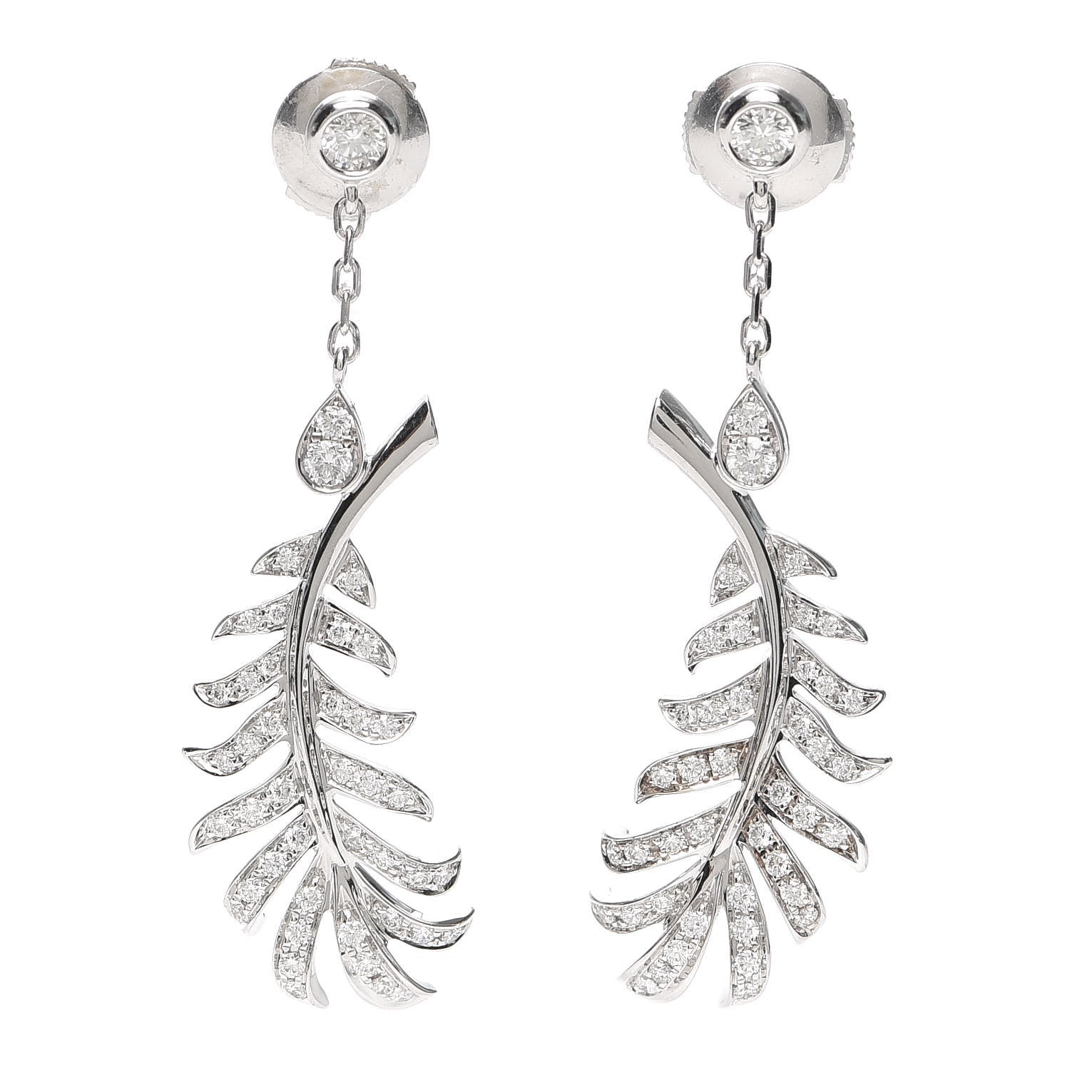 Chanel 18K White Gold Diamond Plume De Chanel Drop Earrings 1 of 3