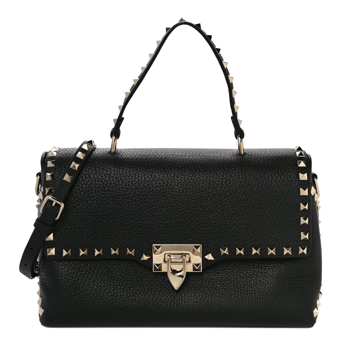 Pebbled Calfskin Rockstud Single Handle Flap Bag Black
