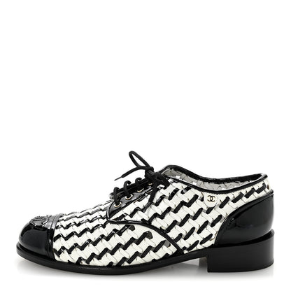 Chanel Lambskin Braided Patent CC Lace Up Oxfords 39 Black White 1 of 11